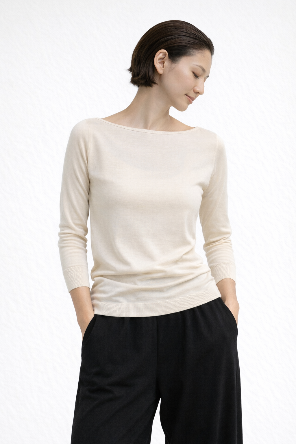 ウォッシャブルシルク 七分袖カットソー（ポートネック）