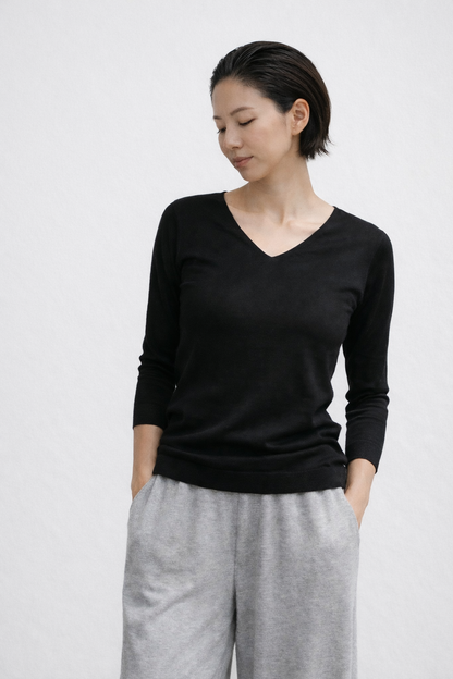 ウォッシャブルシルク 七分袖カットソー（Vネック）